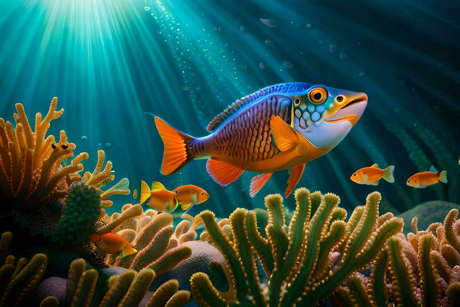 an underwater scene with fish and corals. AI-Generated photo