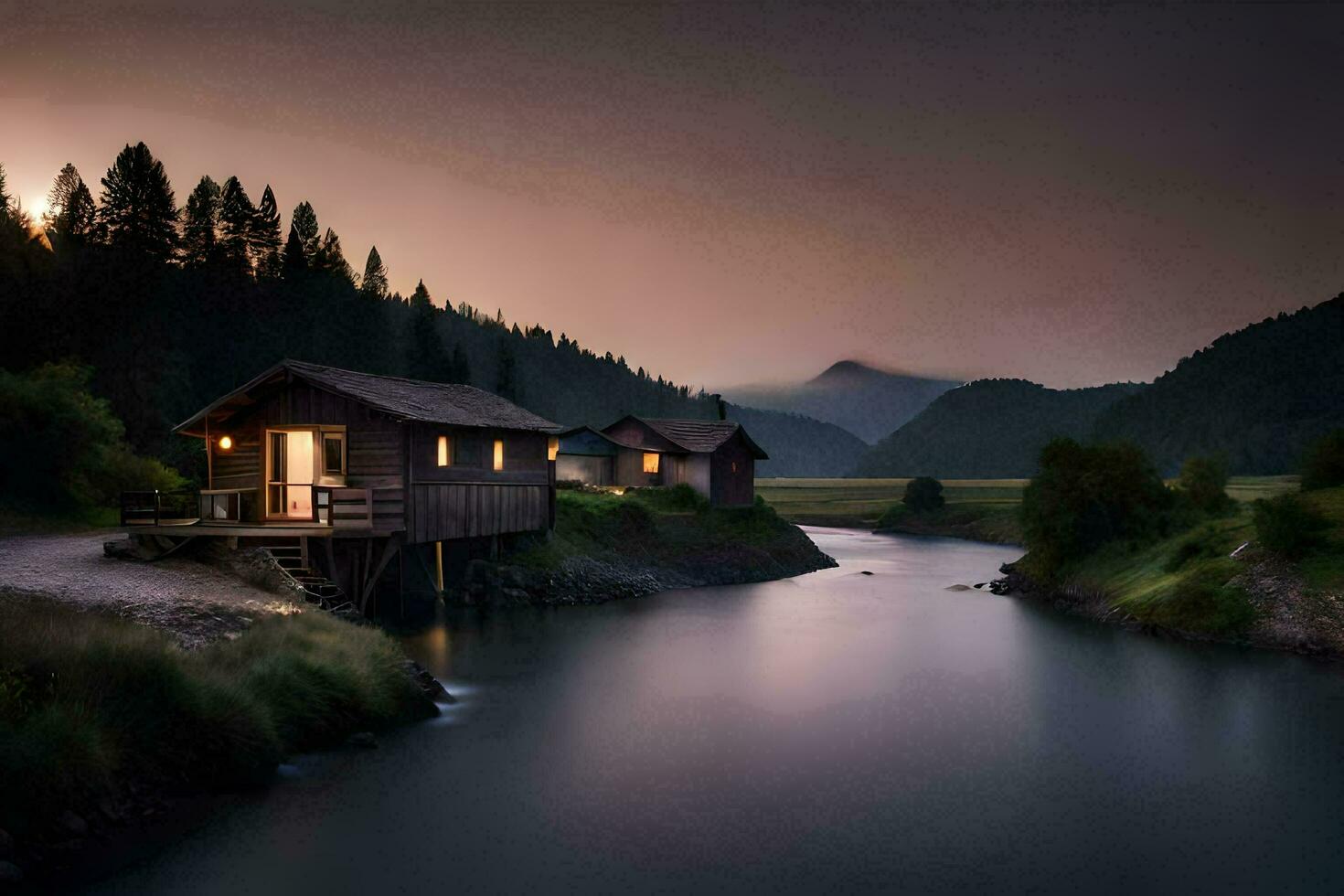 photo wallpaper the sky, mountains, river, cabin, sunset, the mountains, the river,. AI-Generated