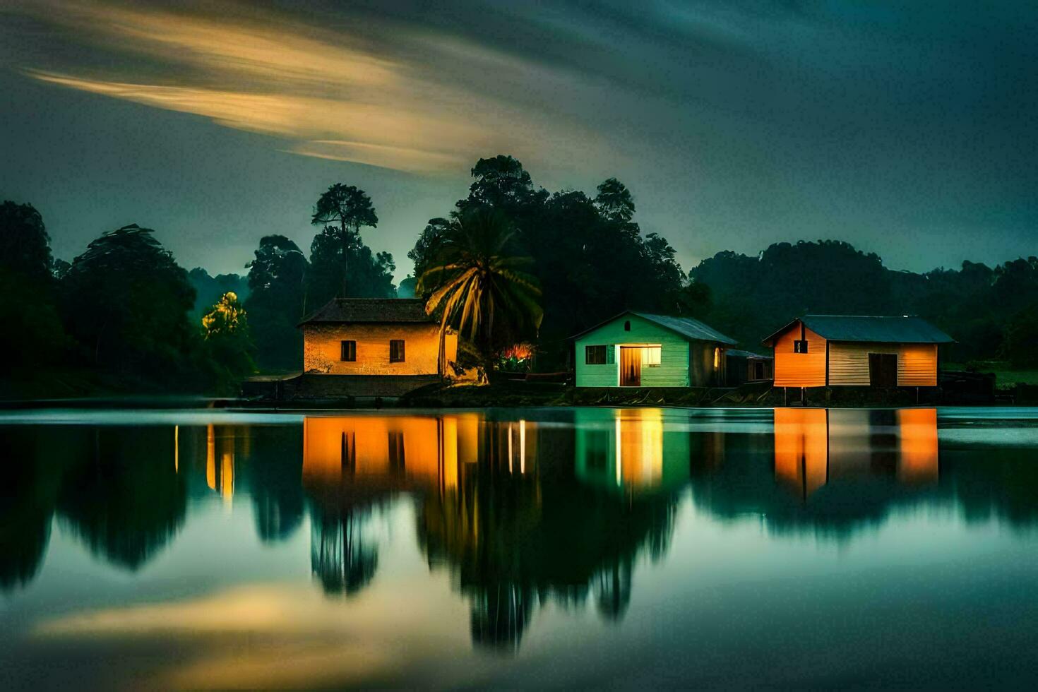photo wallpaper the sky, water, trees, house, the night, the lake, the house. AI-Generated
