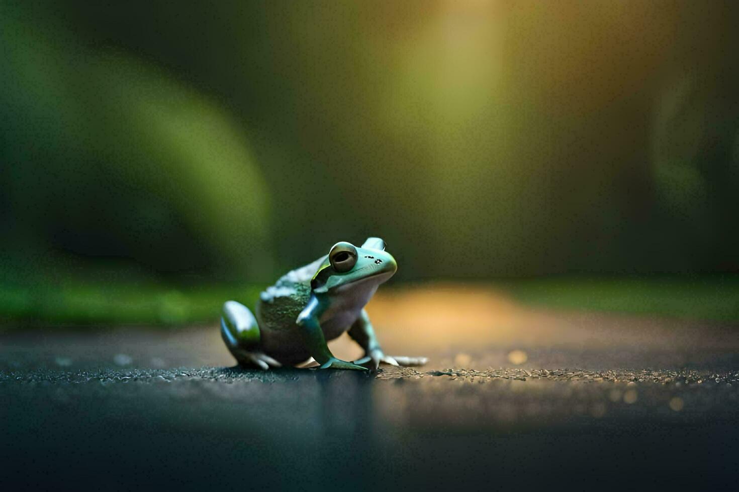 a frog sitting on the ground in the dark. AI-Generated photo