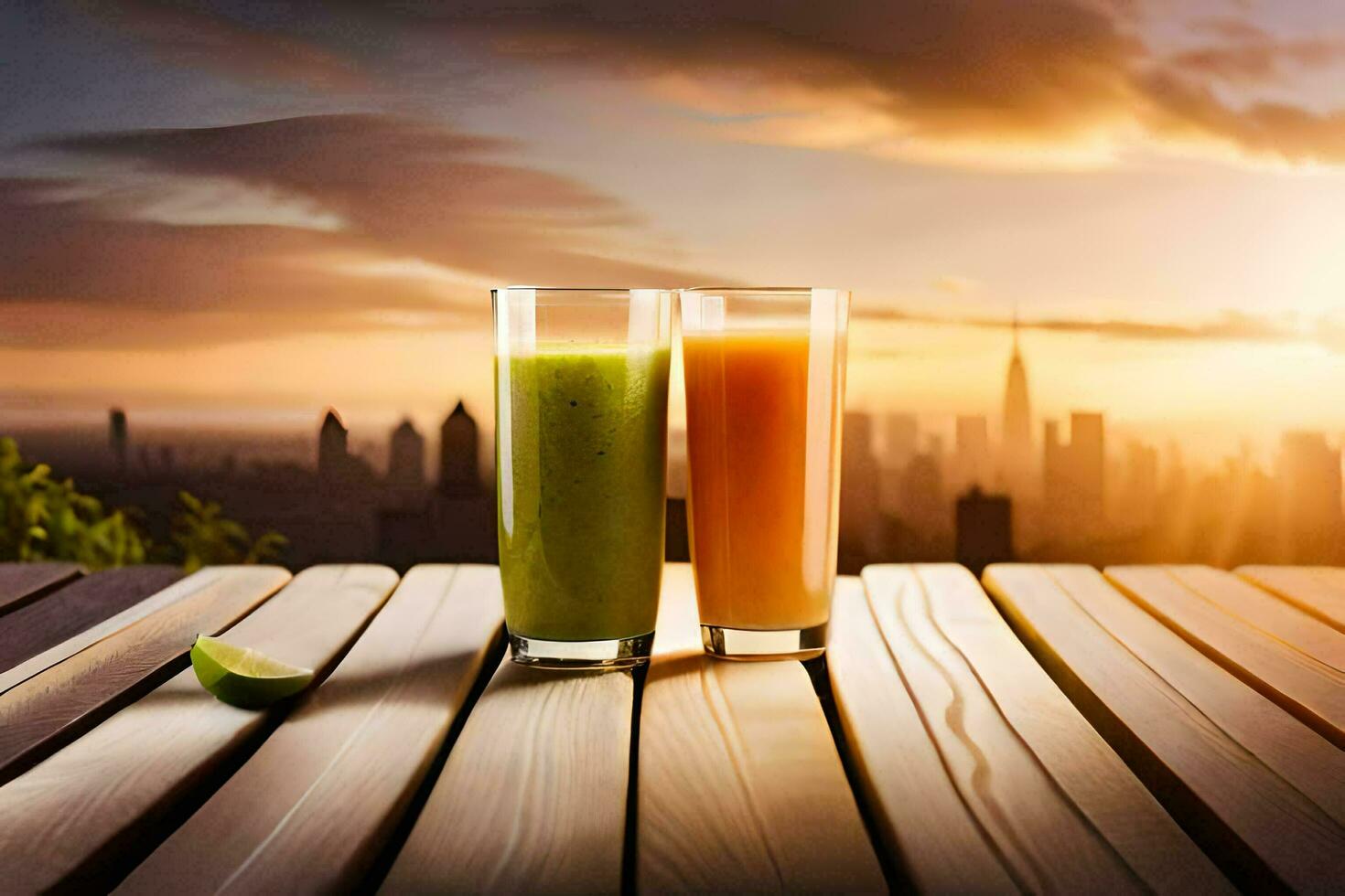 two glasses of juice on a wooden table with a cityscape in the background. AI-Generated photo
