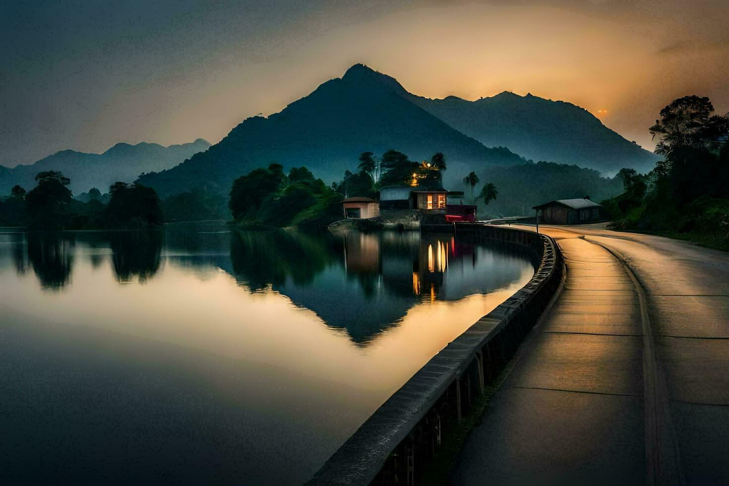 a road leading to a mountain range at sunset. AI-Generated photo