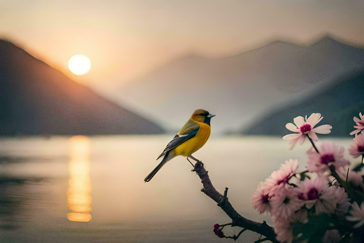 photo wallpaper the sky, bird, lake, flowers, sunset, bird, lake, mountains,. AI-Generated