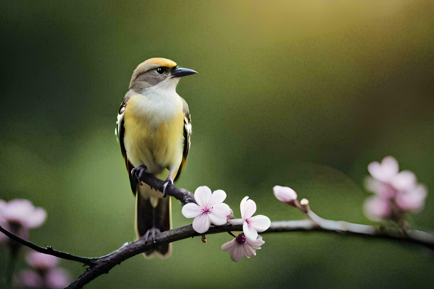 a bird sits on a branch with pink flowers. AI-Generated photo