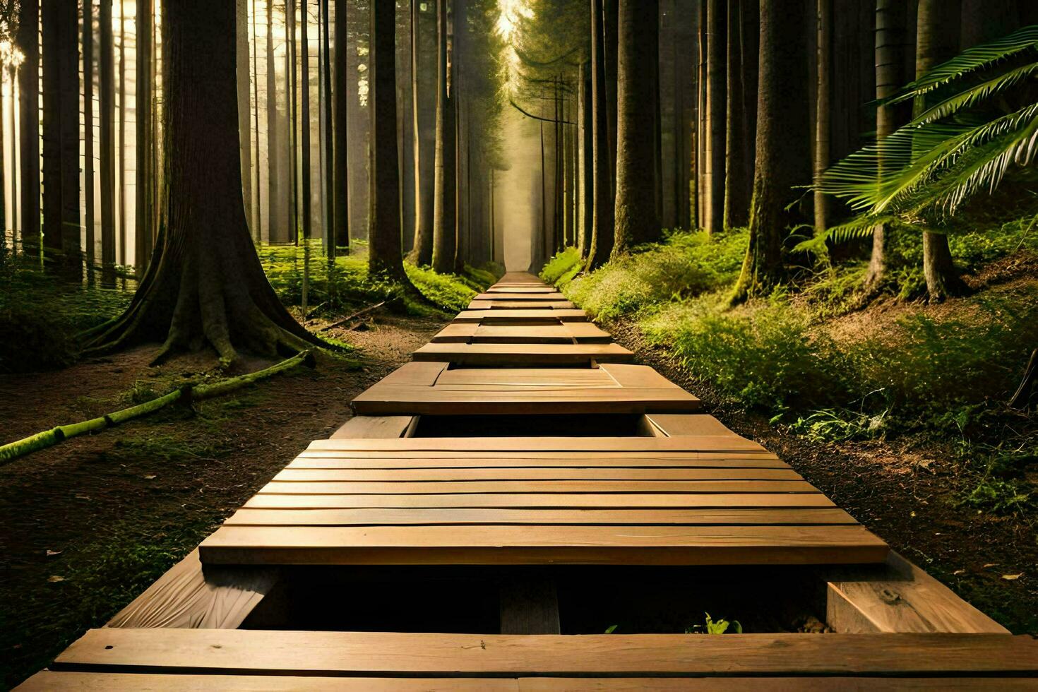 a wooden path in the middle of a forest. AI-Generated photo