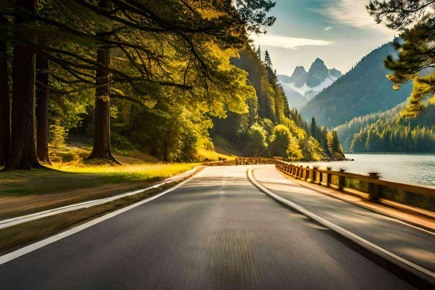 a road with trees and mountains in the background. AI-Generated photo