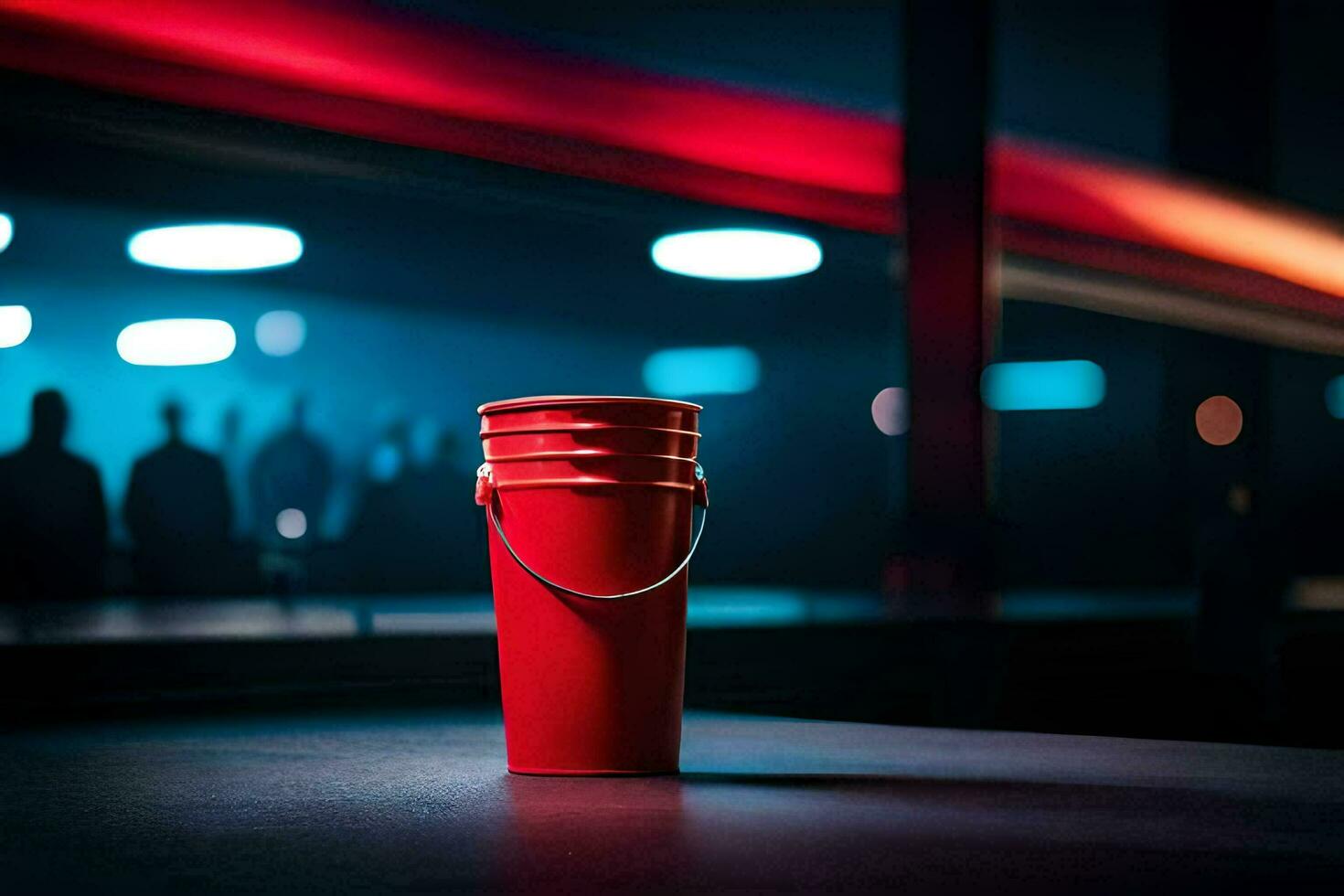 a red bucket sitting on a table in front of a crowd. AI-Generated photo