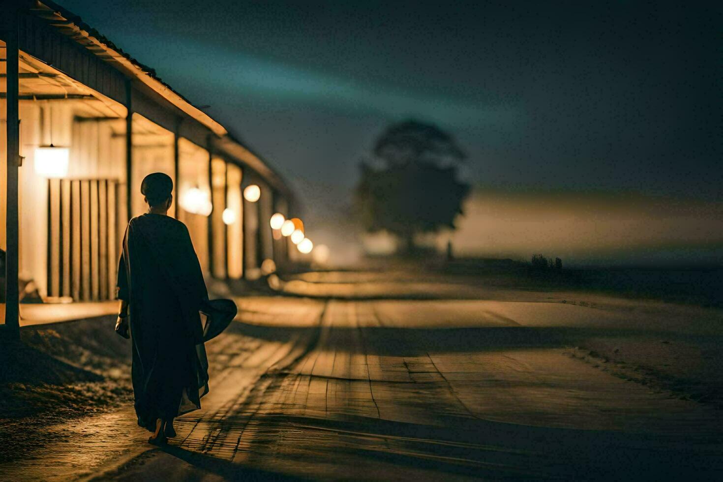 a man walks down a road at night with a lantern. AI-Generated photo