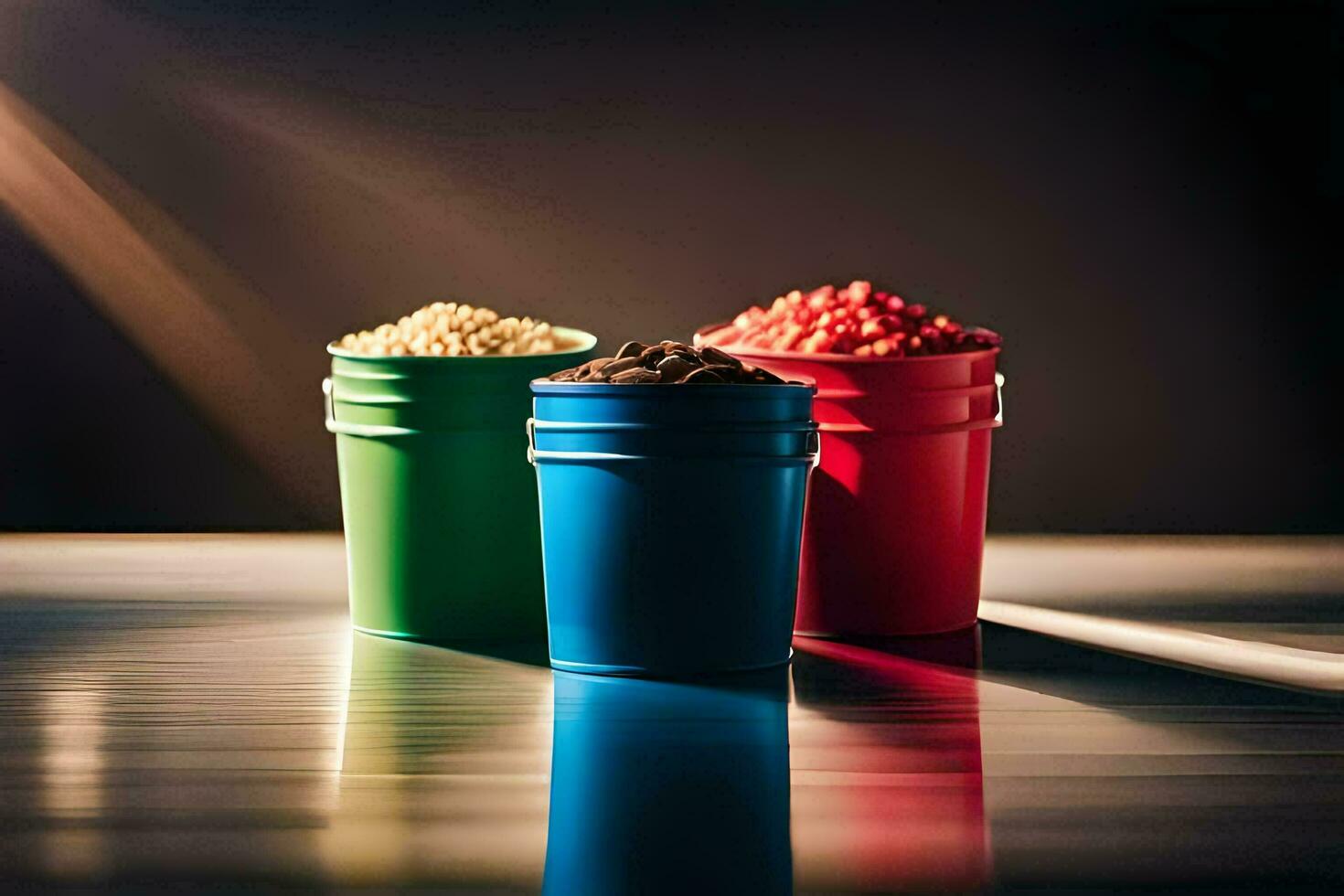 three colorful buckets with different types of food. AI-Generated photo