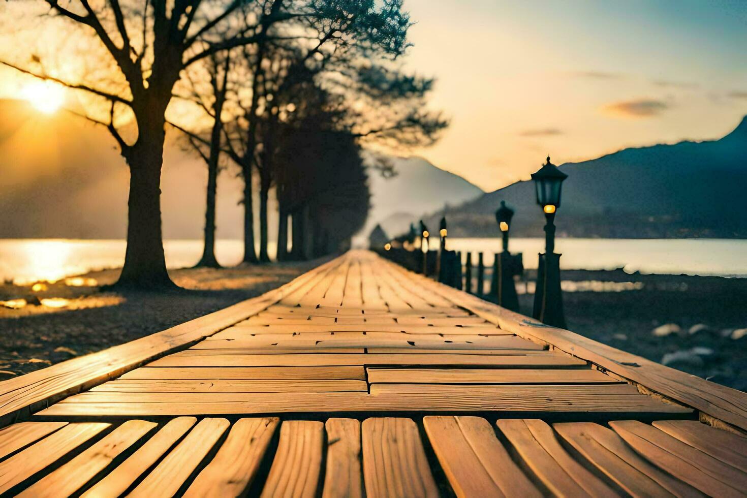 a wooden walkway leads to the water at sunset. AI-Generated photo