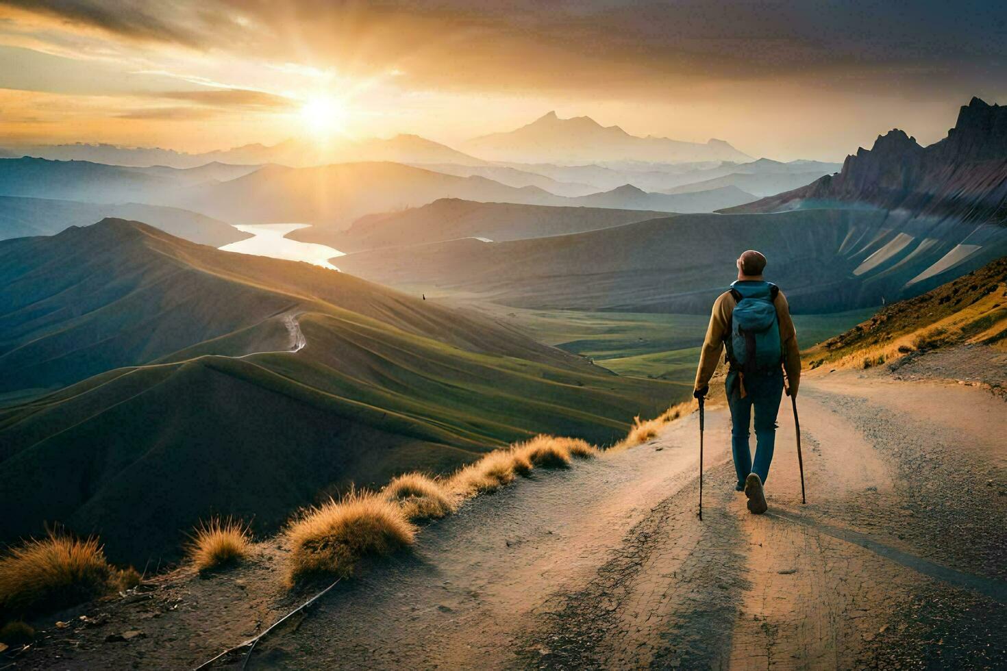 a man walks on a road in the mountains. AI-Generated photo