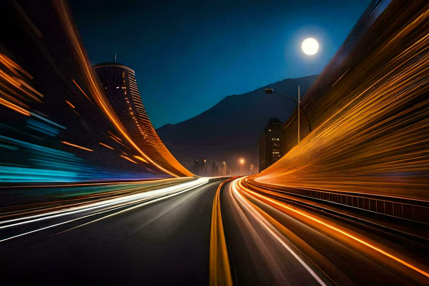 a long exposure photograph of a city street at night. AI-Generated photo