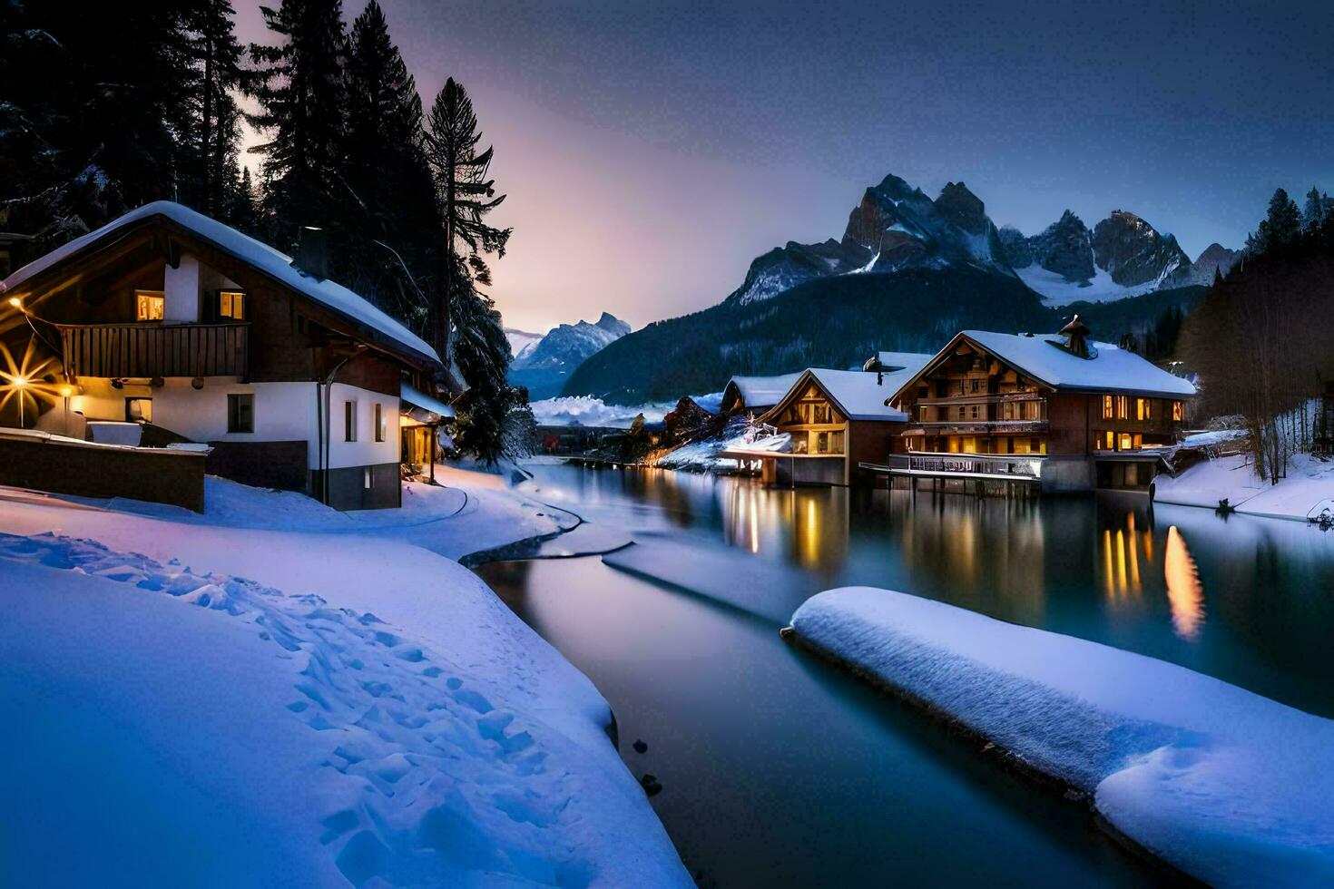 a river and houses in the snow. AI-Generated photo