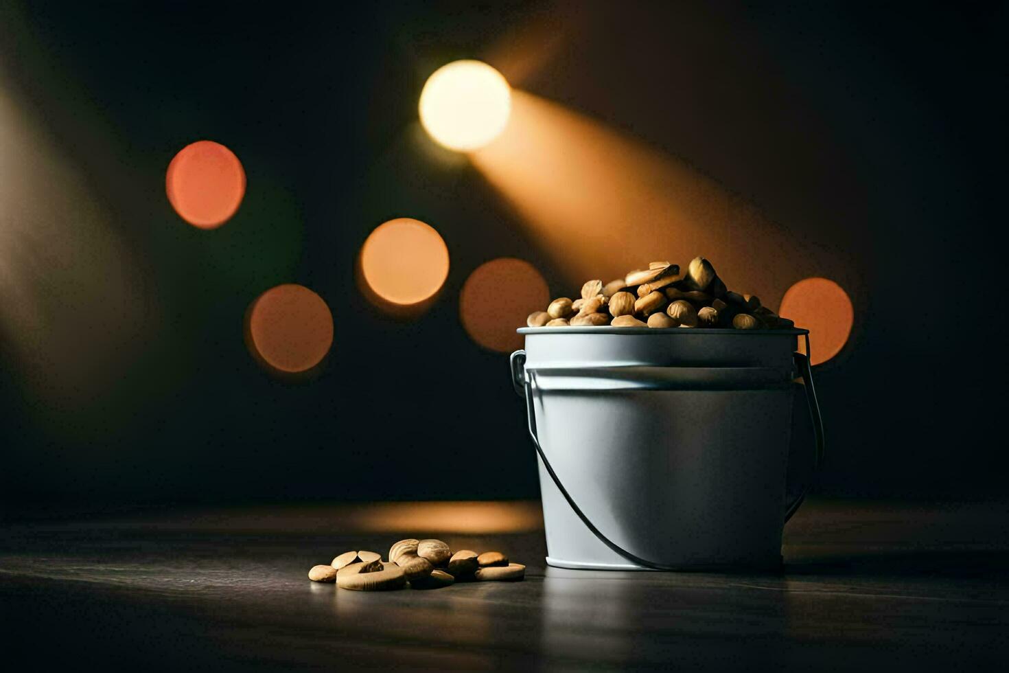 a bucket of peanuts on a table with lights in the background. AI-Generated photo