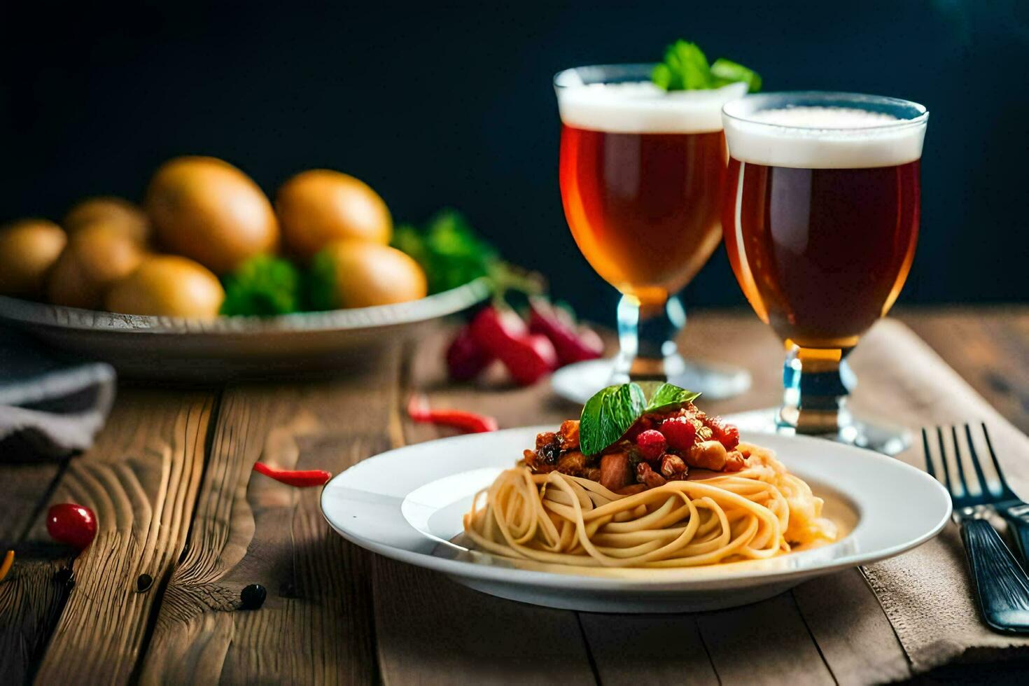 spaghetti with tomato sauce and beer on a wooden table. AI-Generated photo