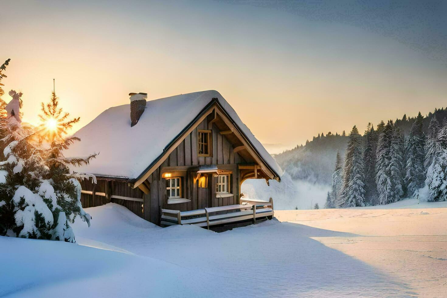 a cabin in the snow with the sun setting. AI-Generated photo