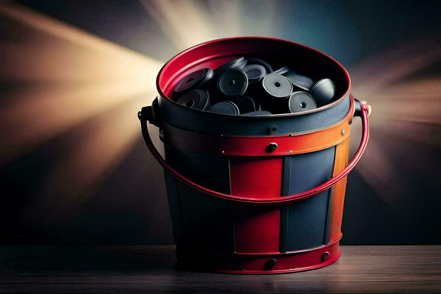 a bucket filled with black rubber balls on a wooden table. AI-Generated photo