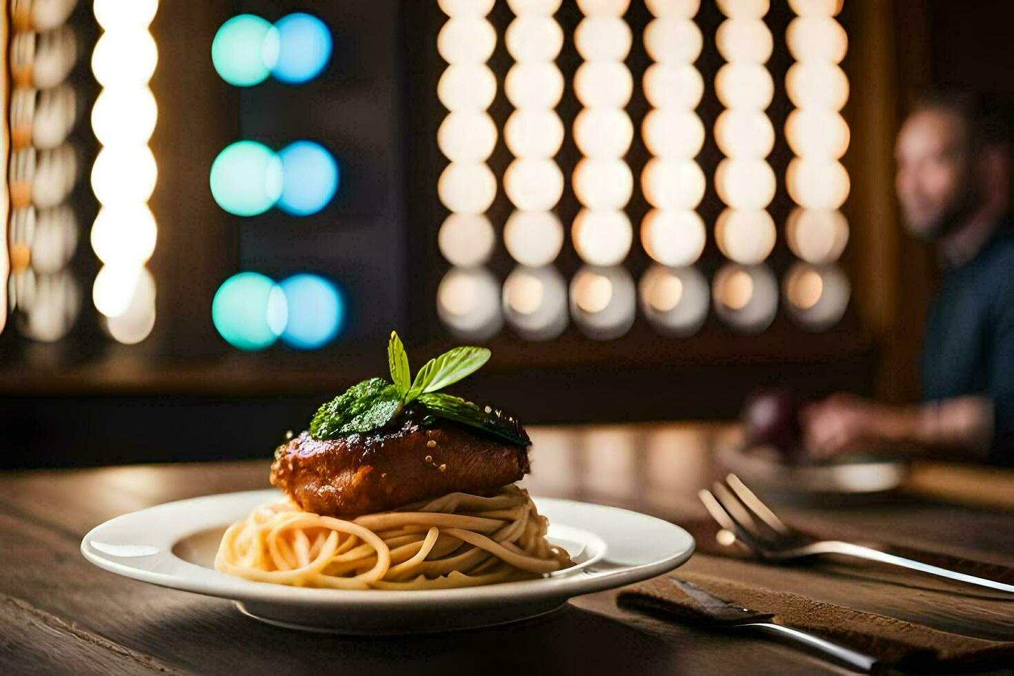 a plate of spaghetti and meat on a wooden table. AI-Generated photo