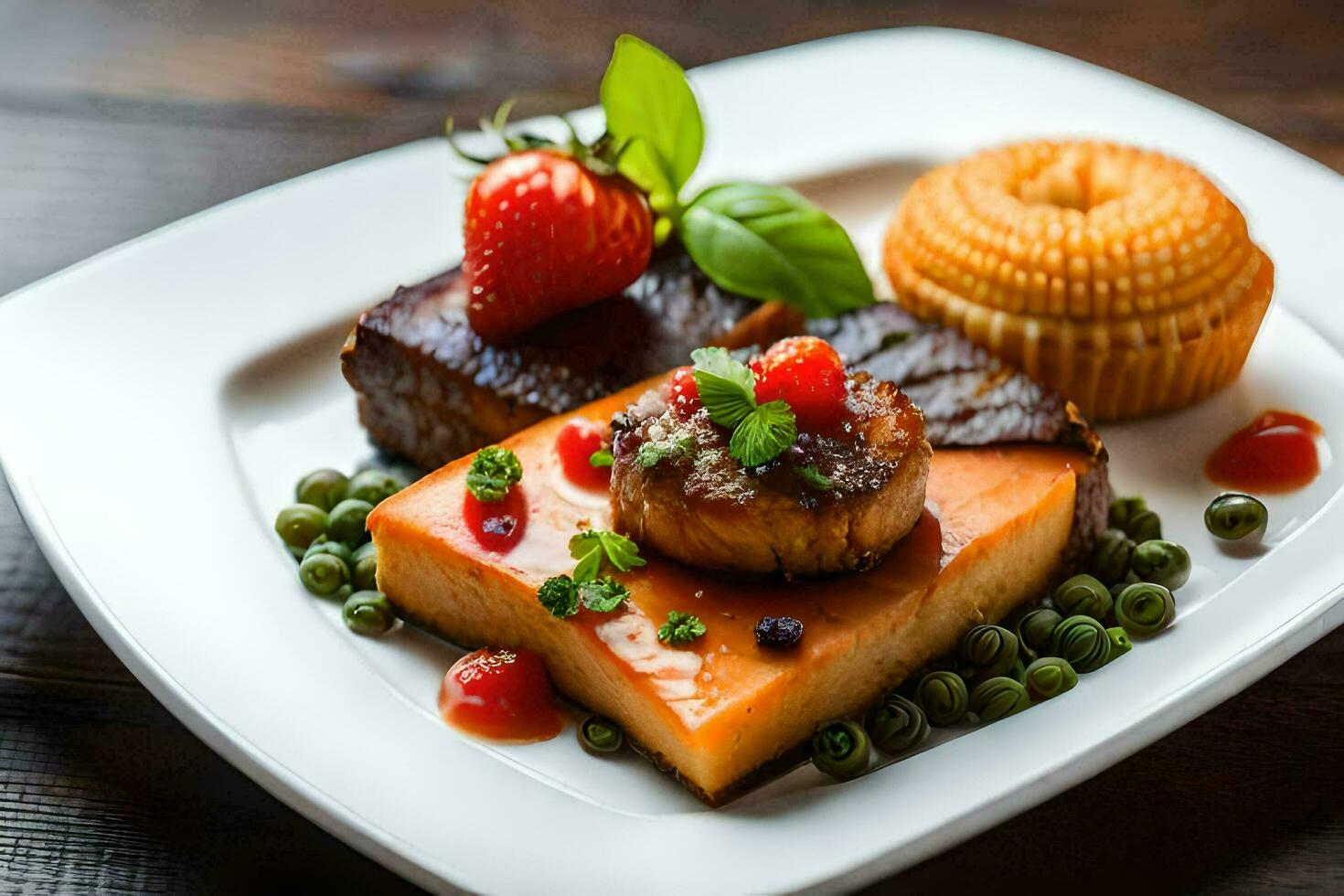 a plate with a scallop, strawberries and peas. AI-Generated photo