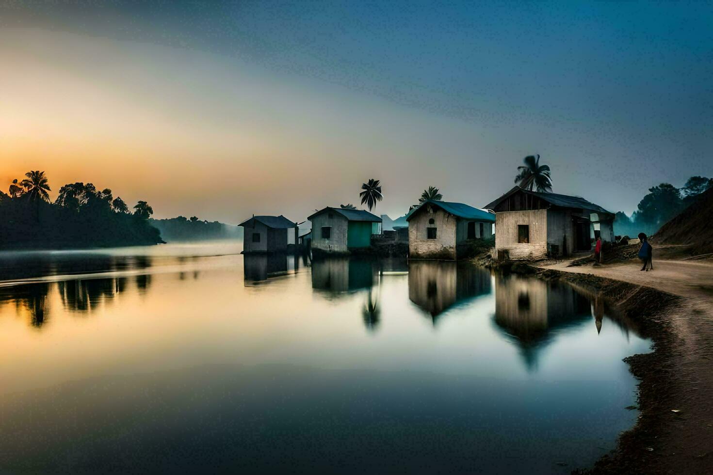 a small village on the banks of a river. AI-Generated photo