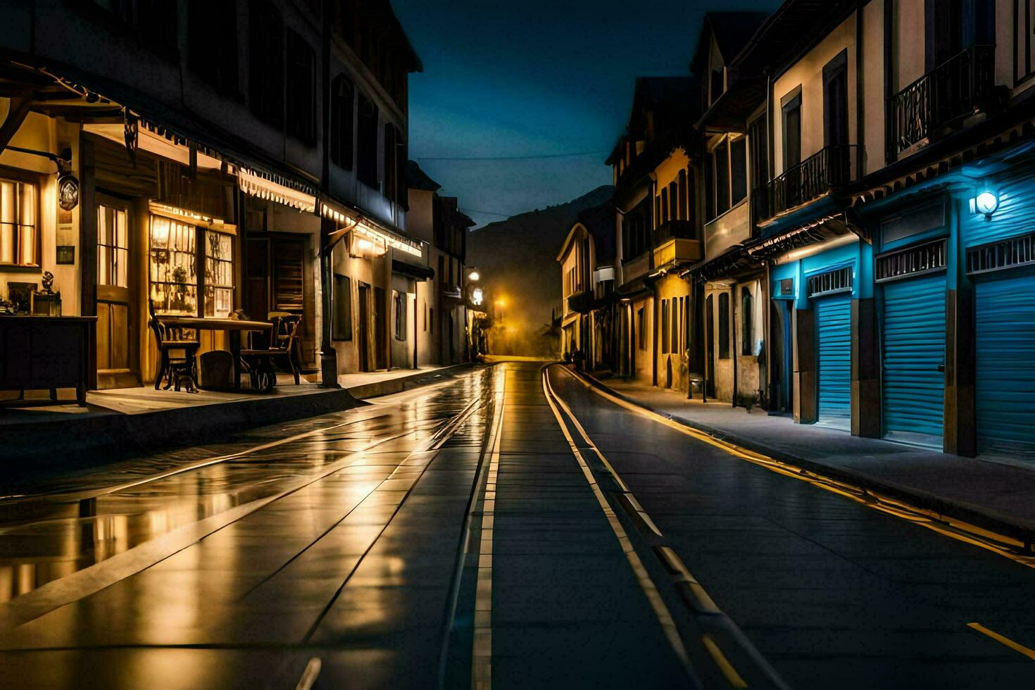 un calle a noche con un mojado la carretera. generado por ai foto