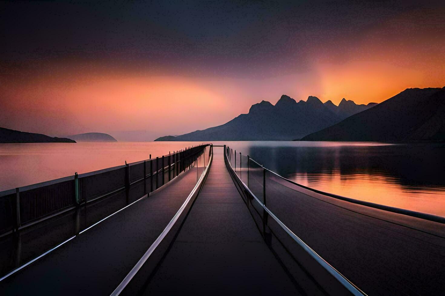 a long bridge over water with mountains in the background. AI-Generated photo
