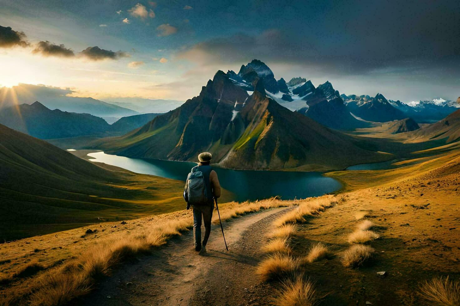 a man walks on a path in the mountains. AI-Generated photo