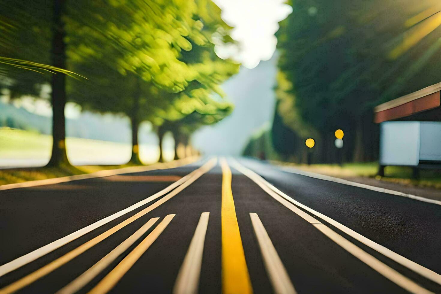 a road with trees and a yellow line. AI-Generated photo
