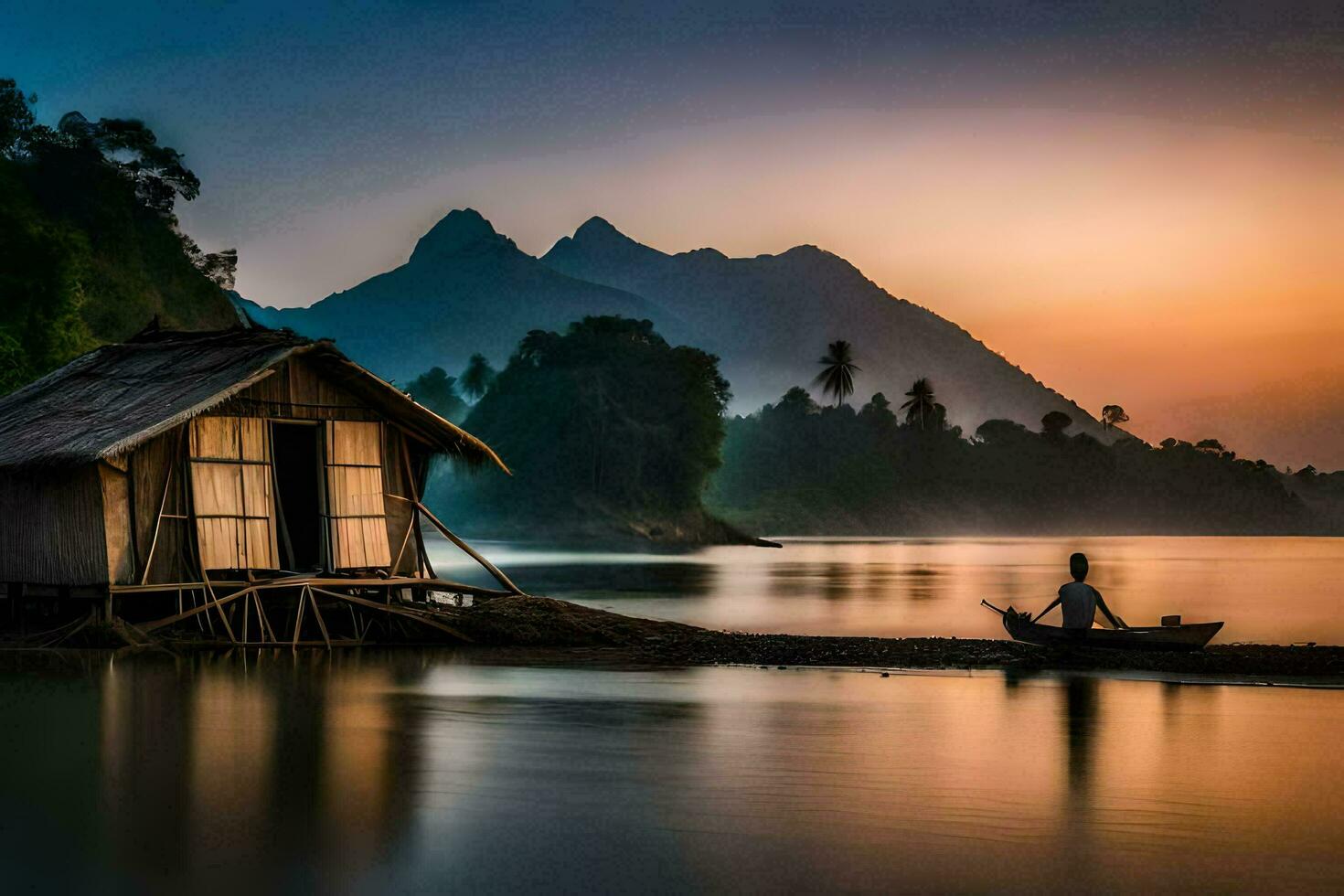 a man stands on the shore of a lake with a hut in the background. AI-Generated photo