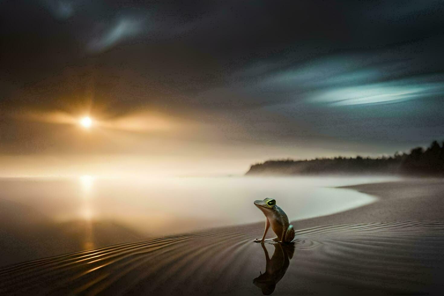 un rana soportes en el playa a puesta de sol. generado por ai foto