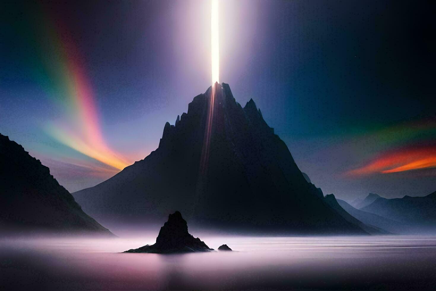 a mountain with a rainbow light shining over it. AI-Generated photo