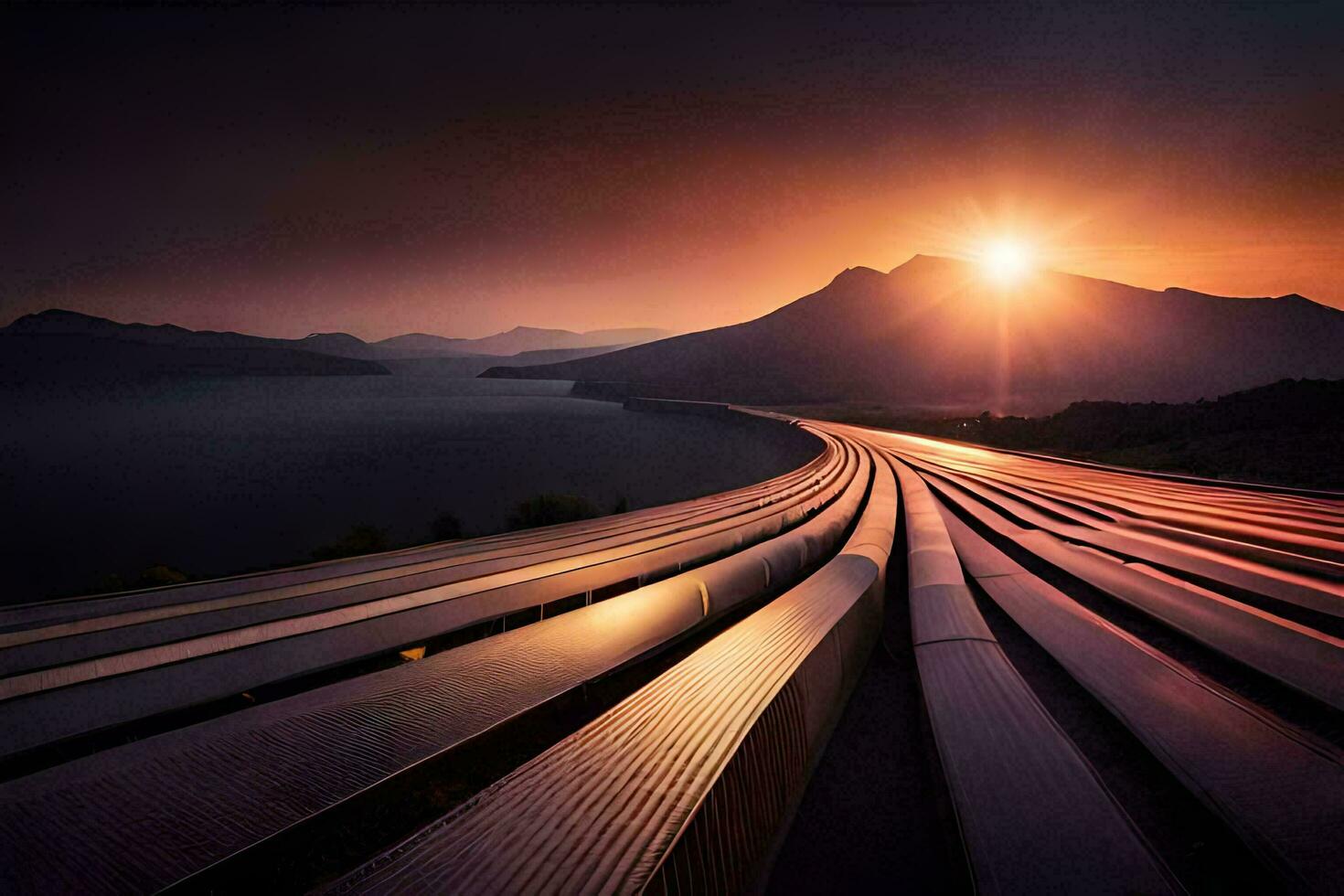 a long train track with the sun setting over it. AI-Generated photo