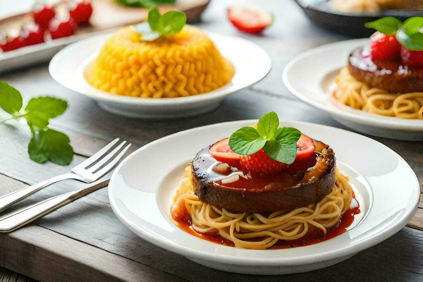 three plates with spaghetti, meat and strawberries. AI-Generated photo