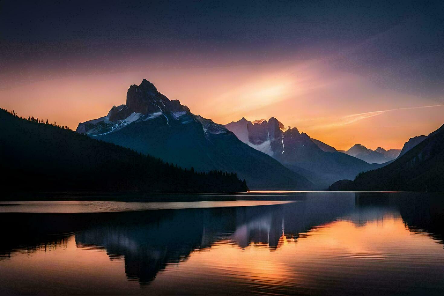 the sun sets over mountains and a lake. AI-Generated photo