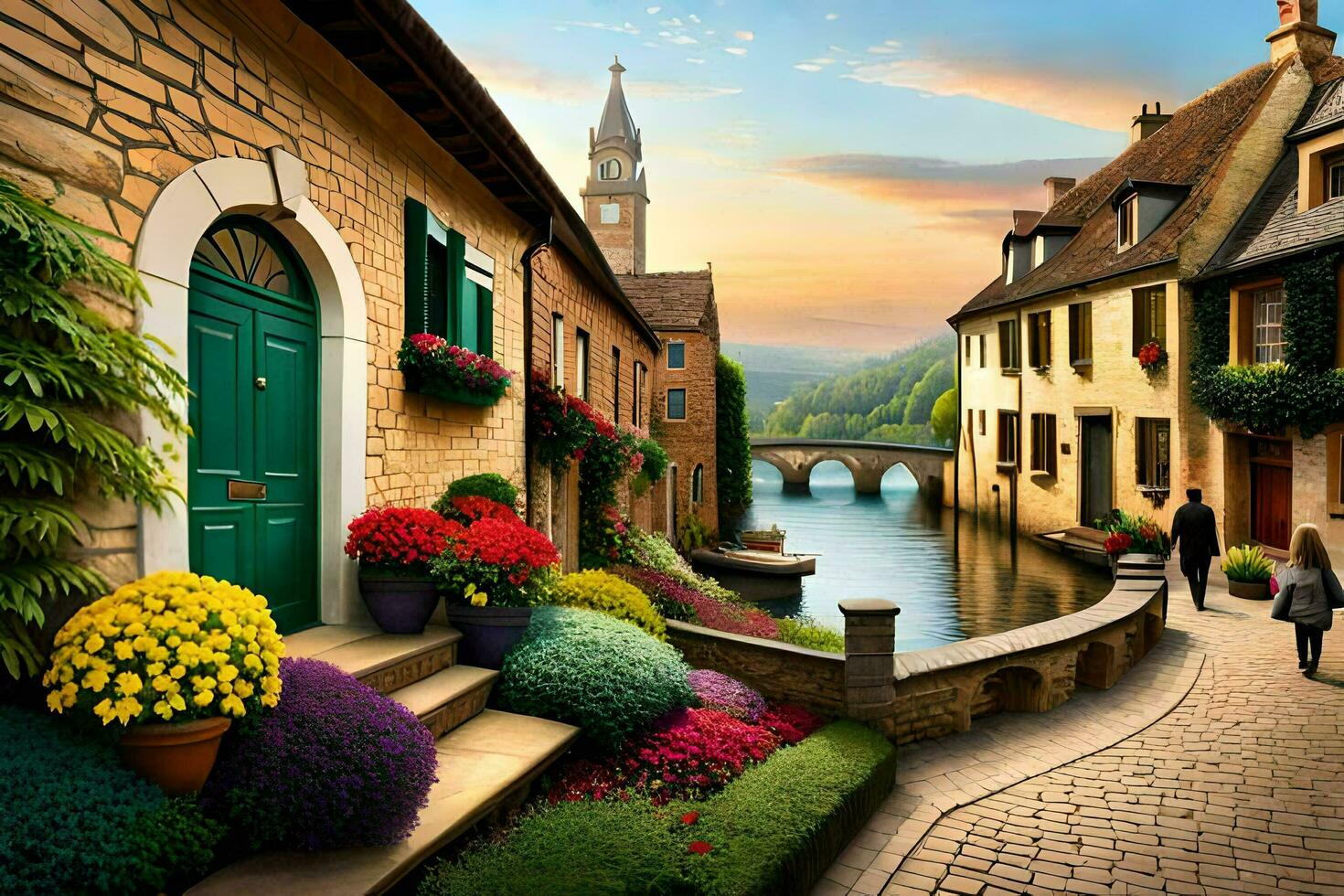 a painting of a street with flowers and a house. AI-Generated photo
