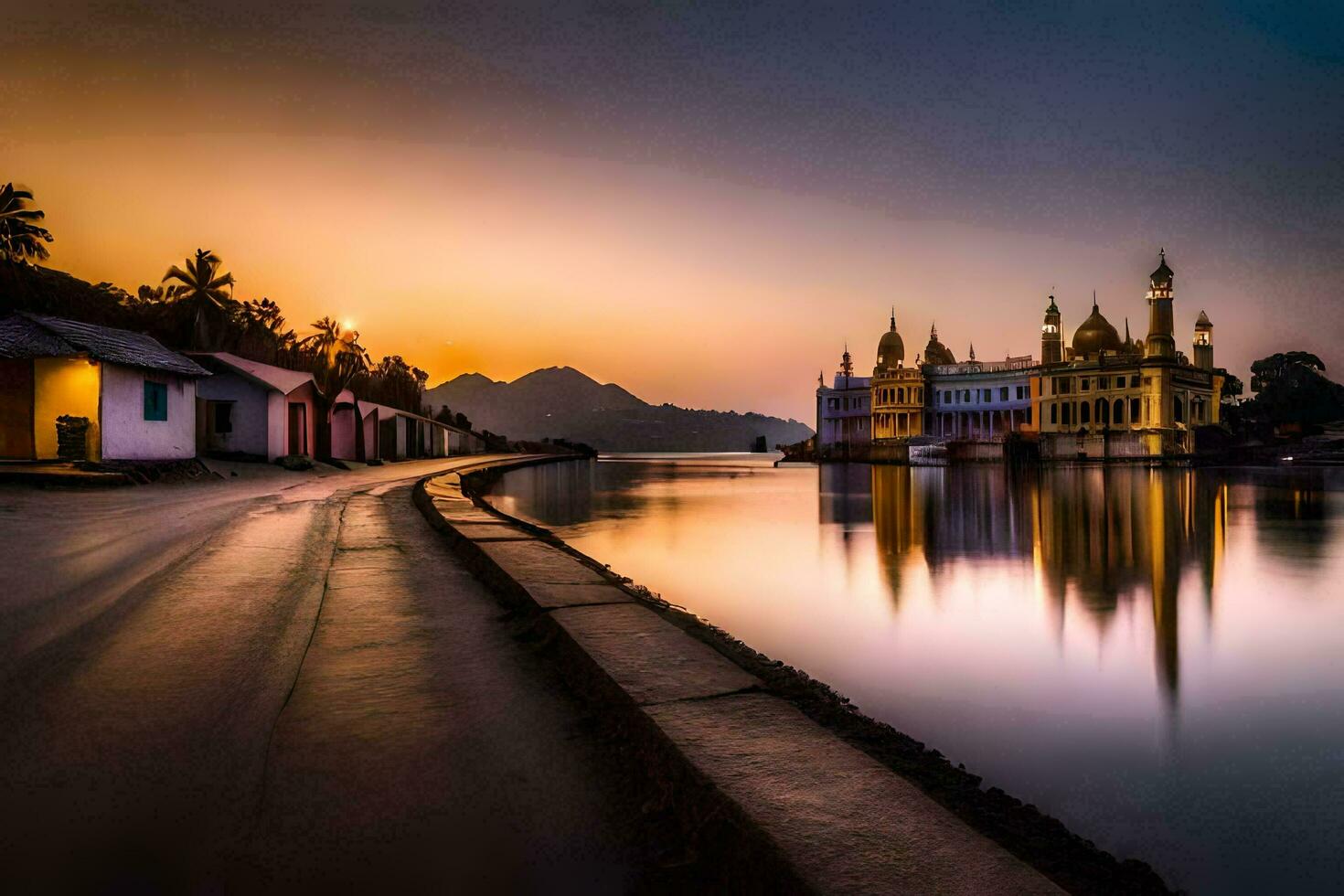 the sun sets over a lake and a mosque. AI-Generated photo