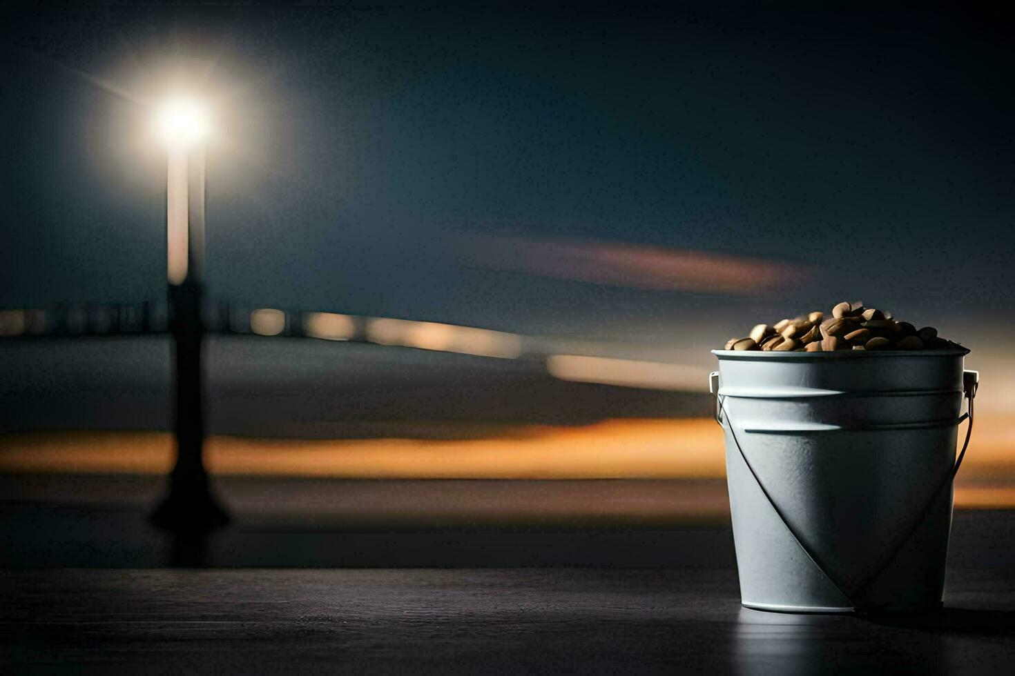 a bucket of peanuts on a table in front of a bridge. AI-Generated photo