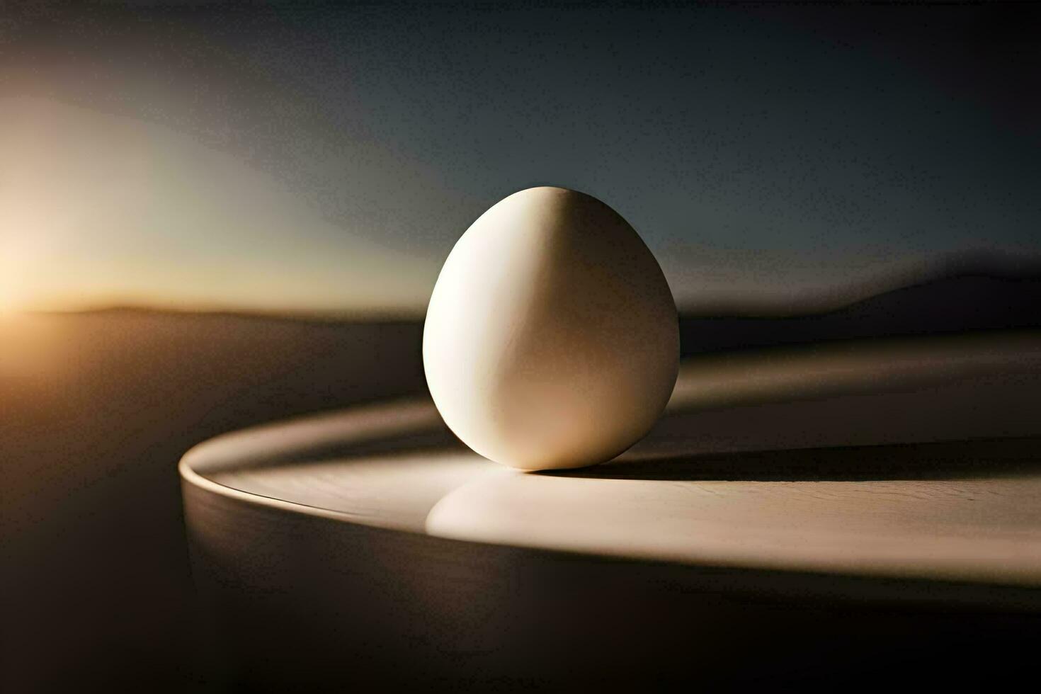 an egg sitting on top of a table with the sun in the background. AI-Generated photo