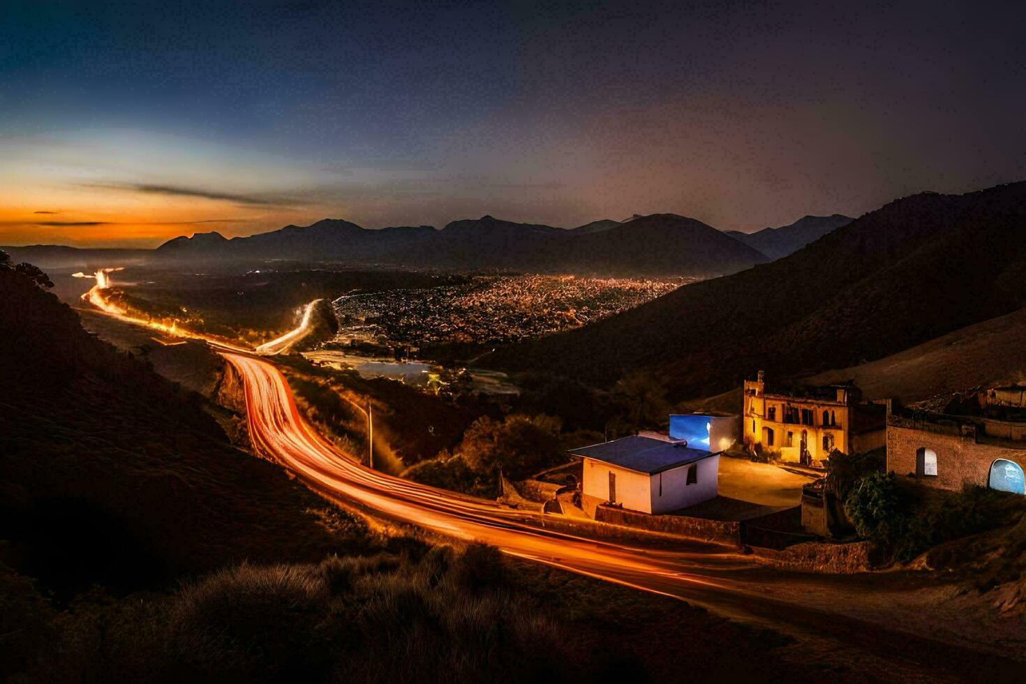 a long exposure photo of a road and a house in the mountains. AI-Generated