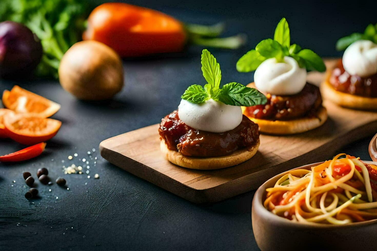 small plates with meatballs and vegetables. AI-Generated photo