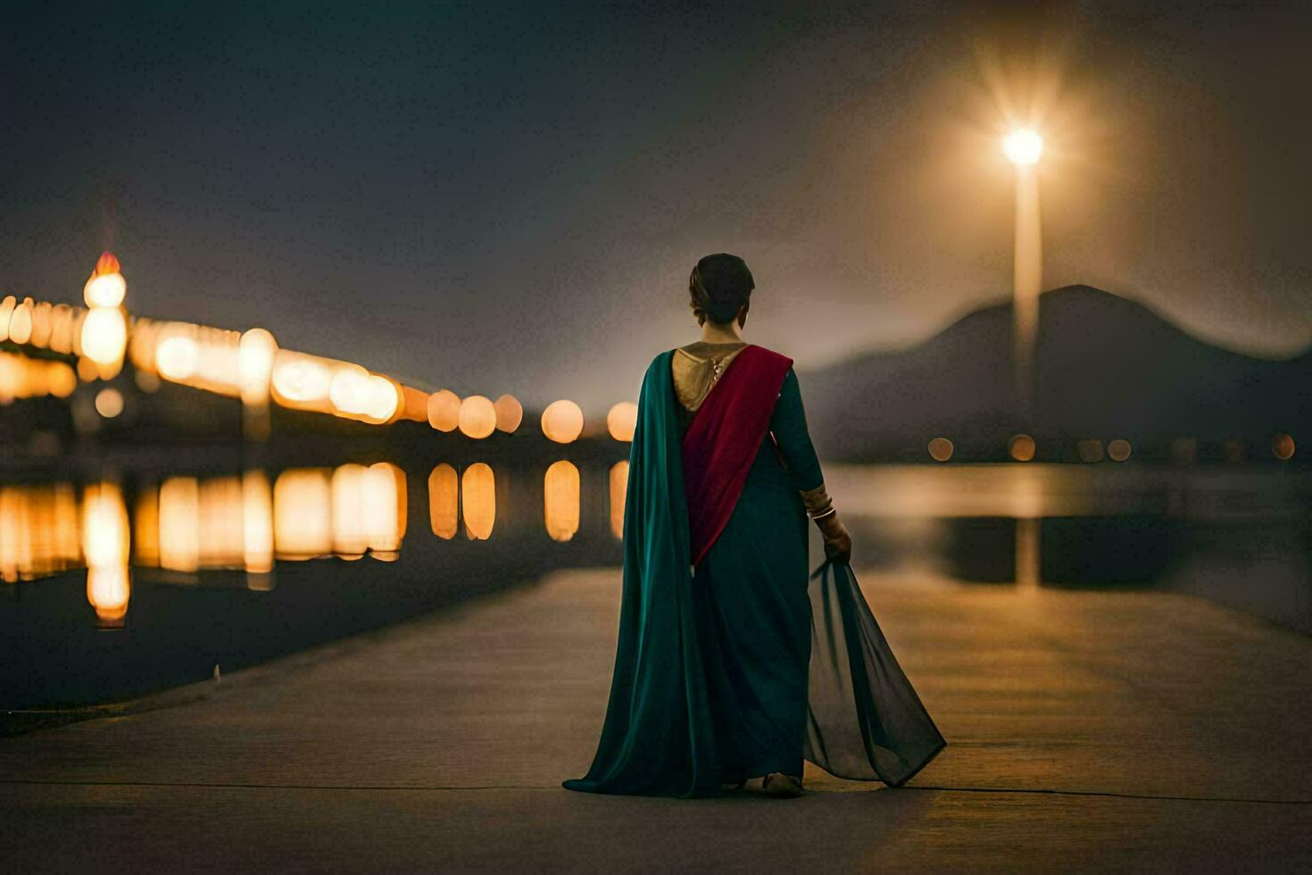 a woman in a sari stands on a pier at night. AI-Generated photo