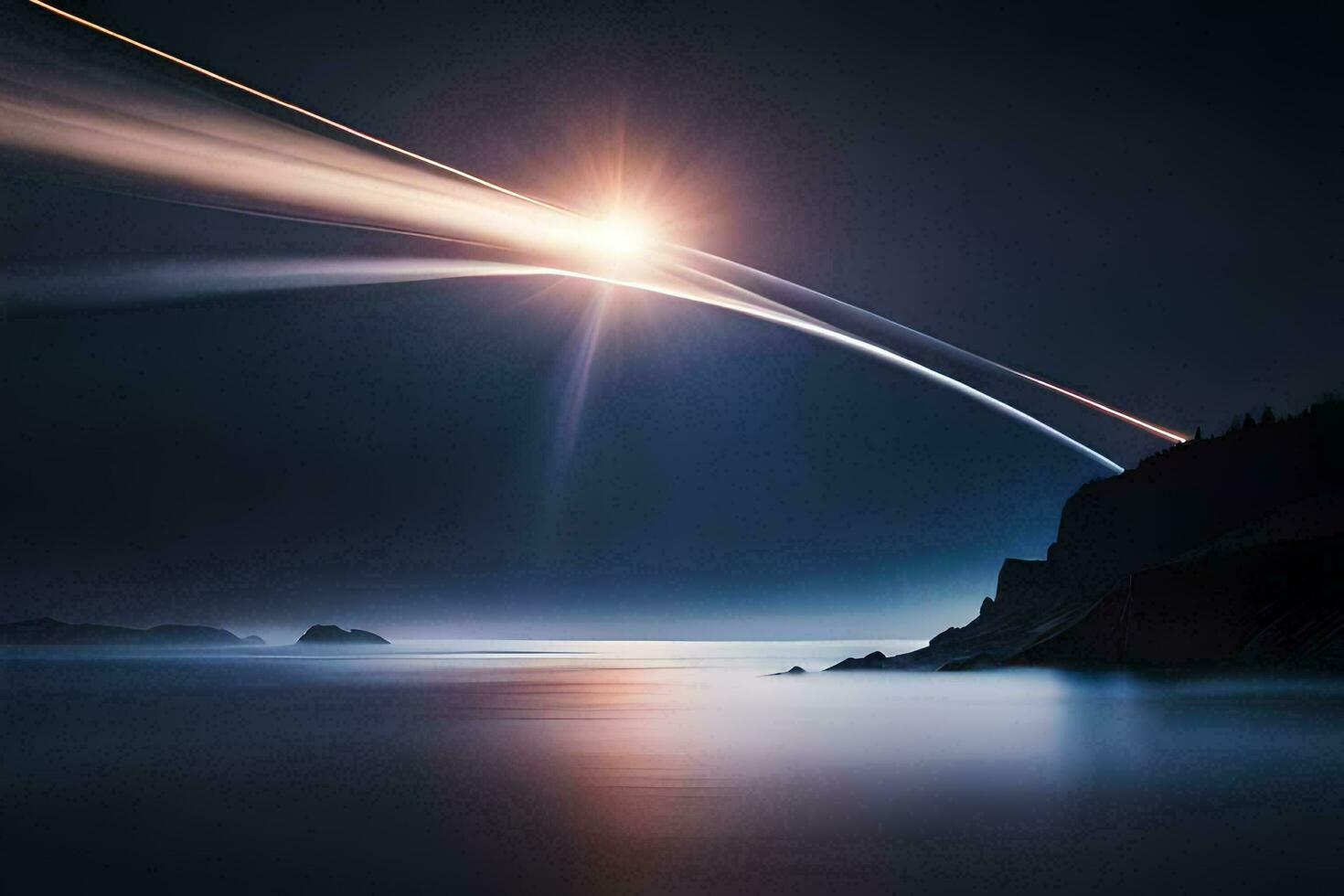 a long exposure photograph of a bright light shining over the ocean. AI-Generated photo