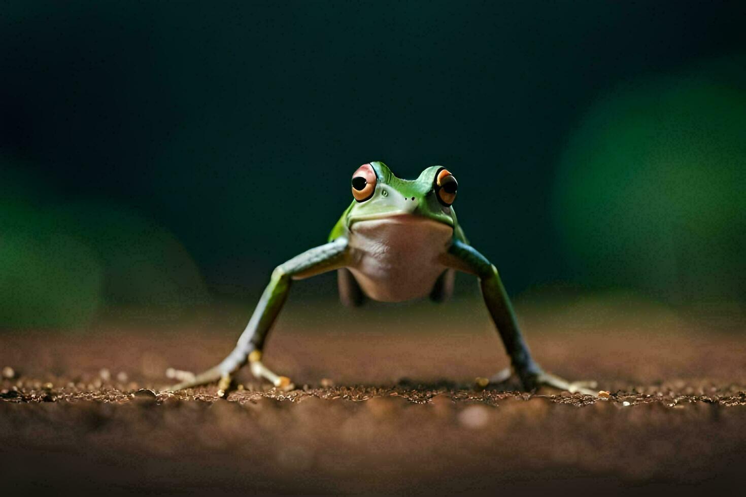 a frog is standing on the ground with its legs spread. AI-Generated photo