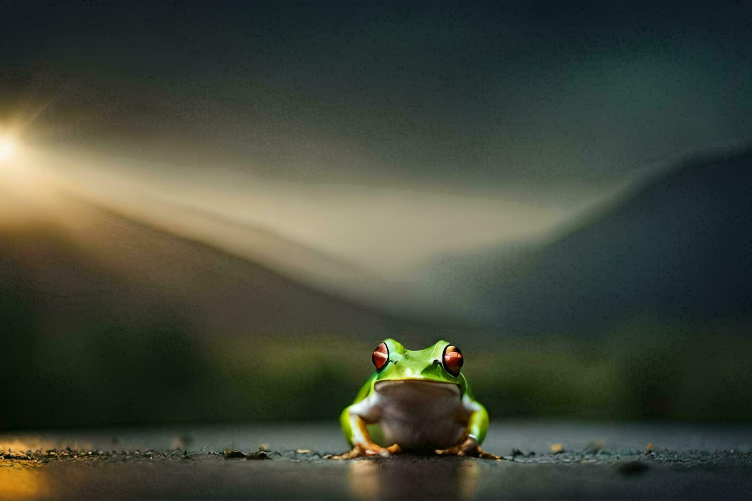 a frog sitting on the ground in front of a mountain. AI-Generated photo