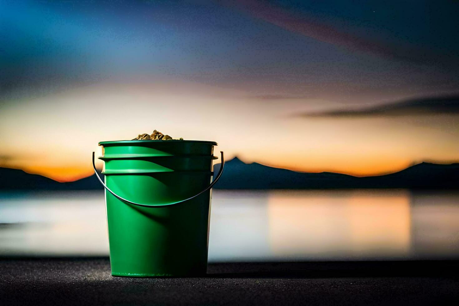 un verde Cubeta sentado en el suelo cerca el agua. generado por ai foto