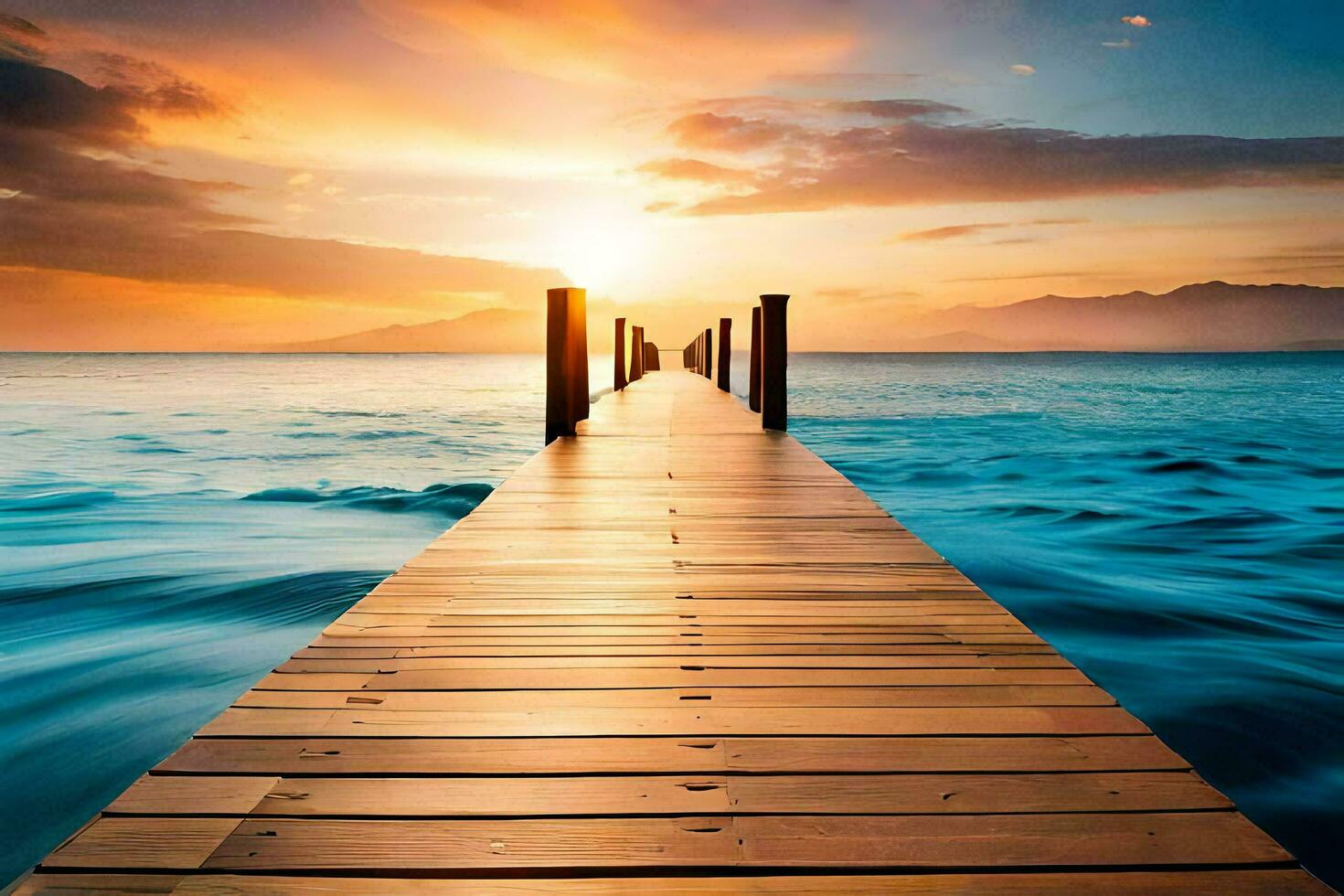 a wooden dock stretching into the ocean at sunset. AI-Generated photo
