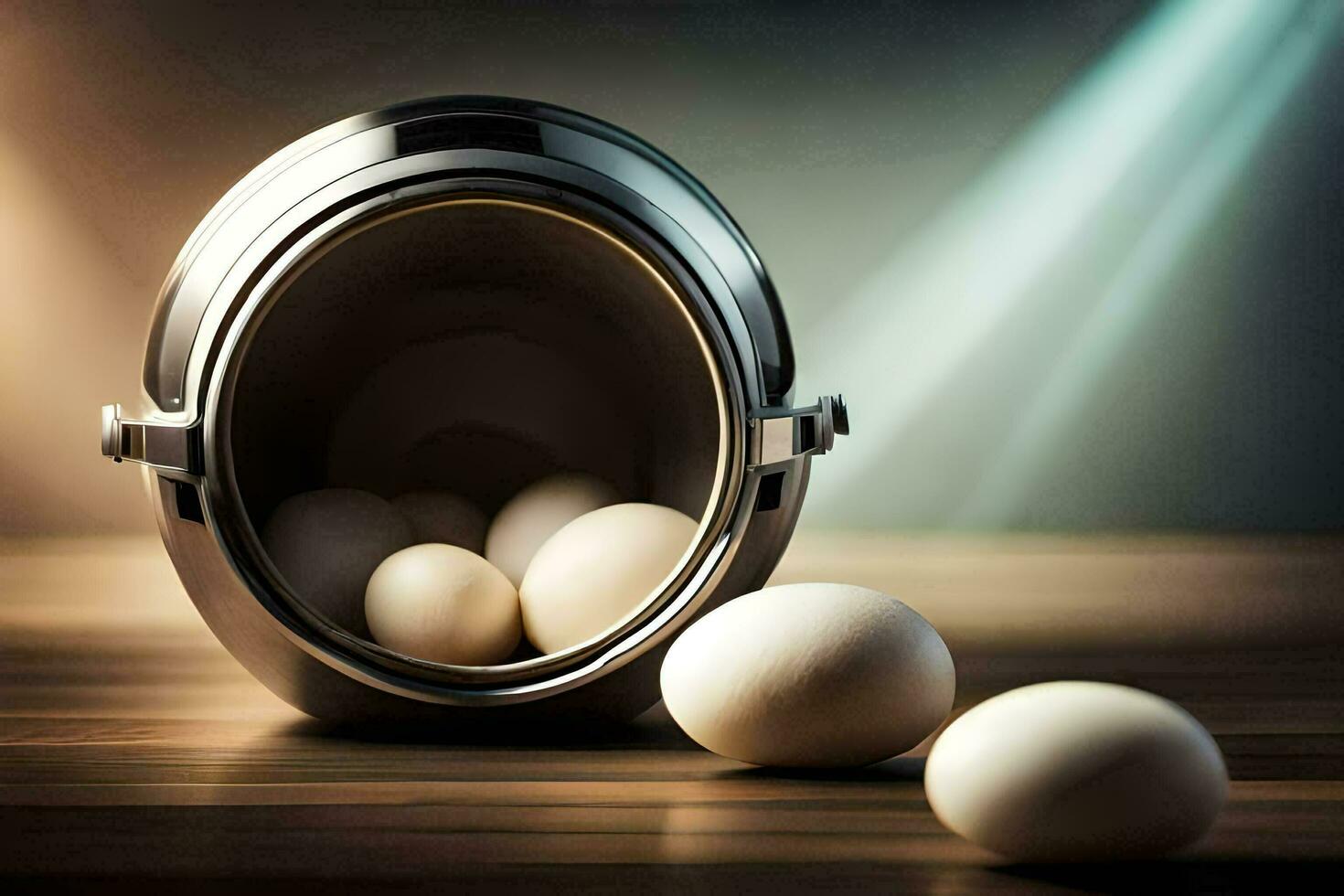 eggs in a metal bowl on a wooden table. AI-Generated photo