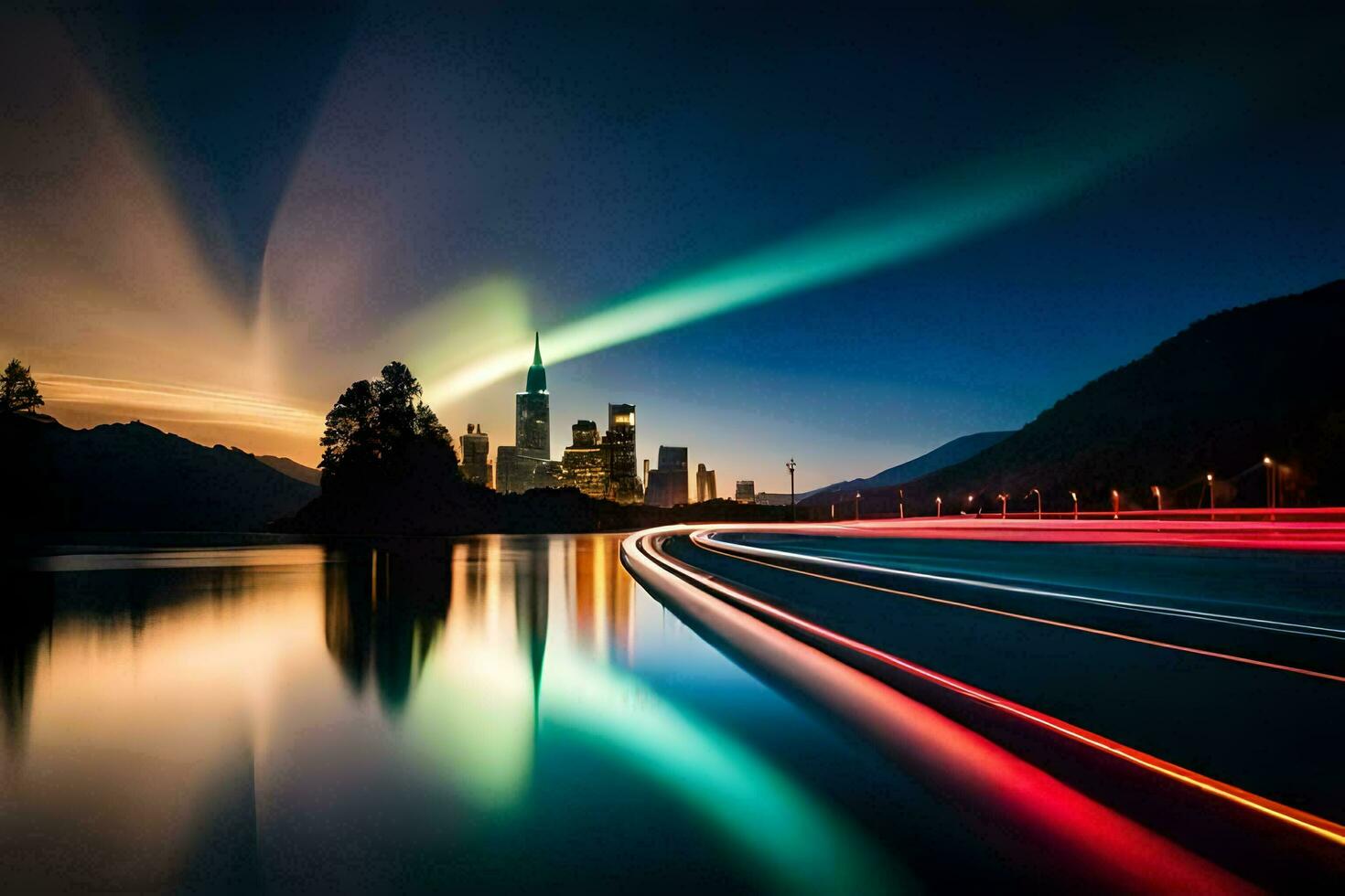 a city skyline with lights and a long exposure photo. AI-Generated photo