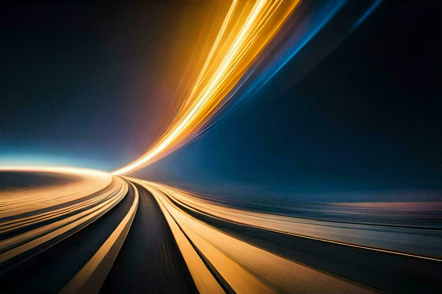 a long exposure photograph of a train traveling through the night. AI-Generated photo