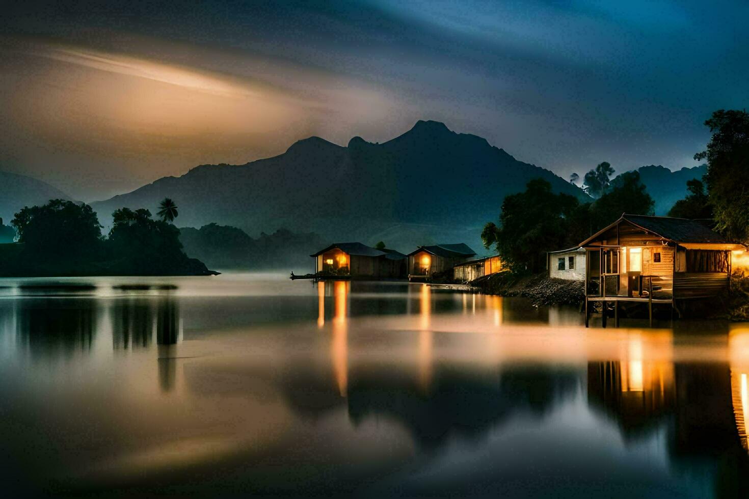 a lake at night with houses on the shore. AI-Generated photo